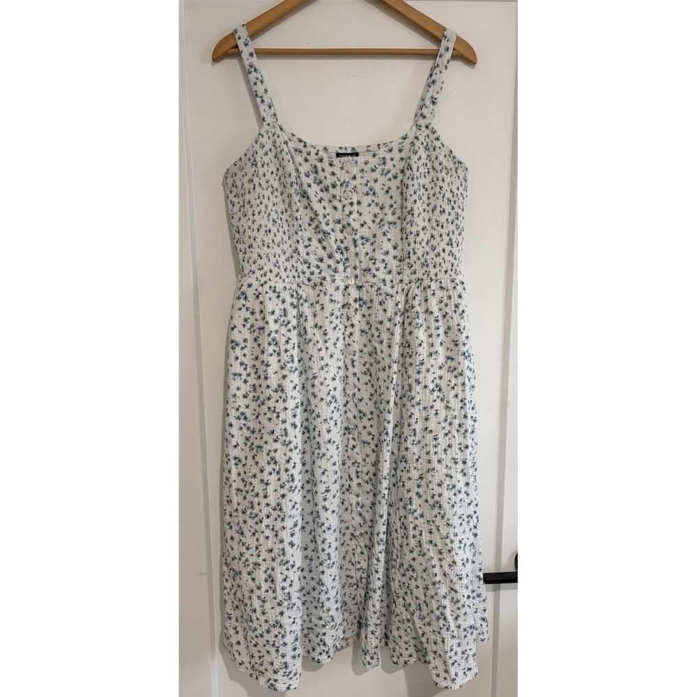 TORRID Size 2 2X Faux Button Front Midi Dress Smocked Crinkle Gauze Blue Floral - Picture 2 of 11